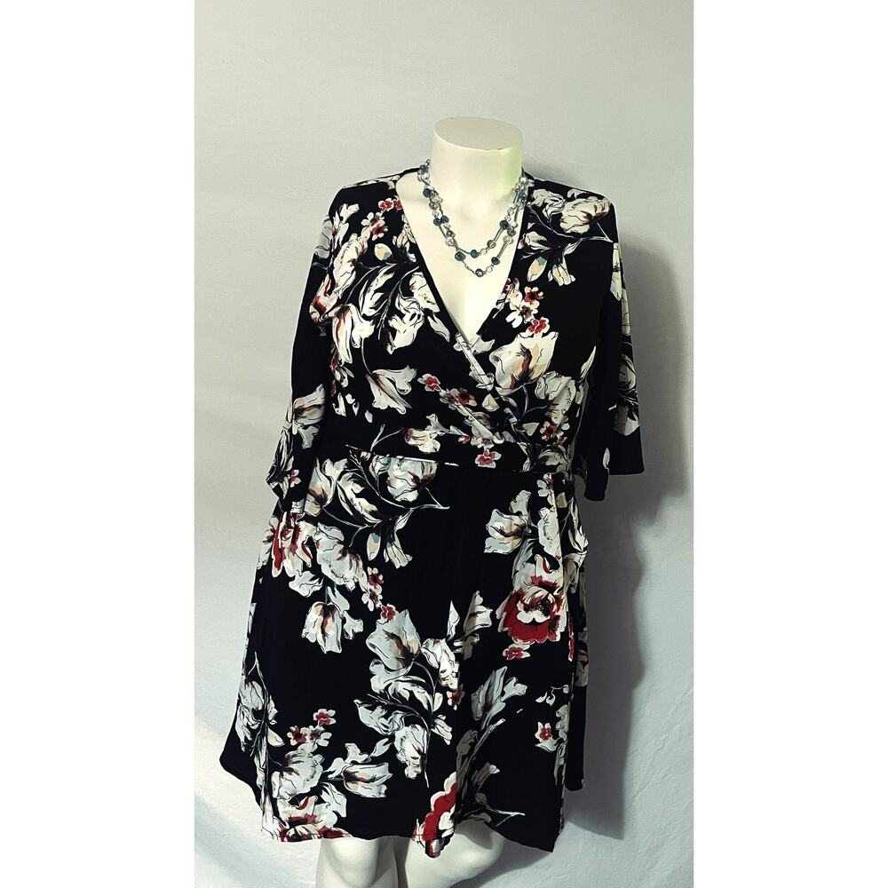 GZDMFS 2XL Black Floral Faux Wrap Dress Flutter Sleeve Belted Plus Size